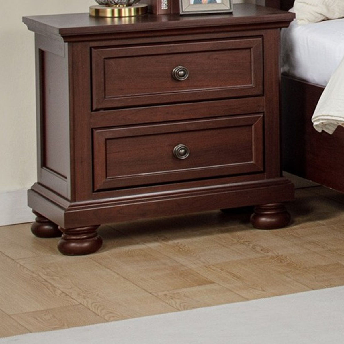 1 Piece Nightstand, 2 Drawer Storage Bedroom Furniture - Brown / Cherry