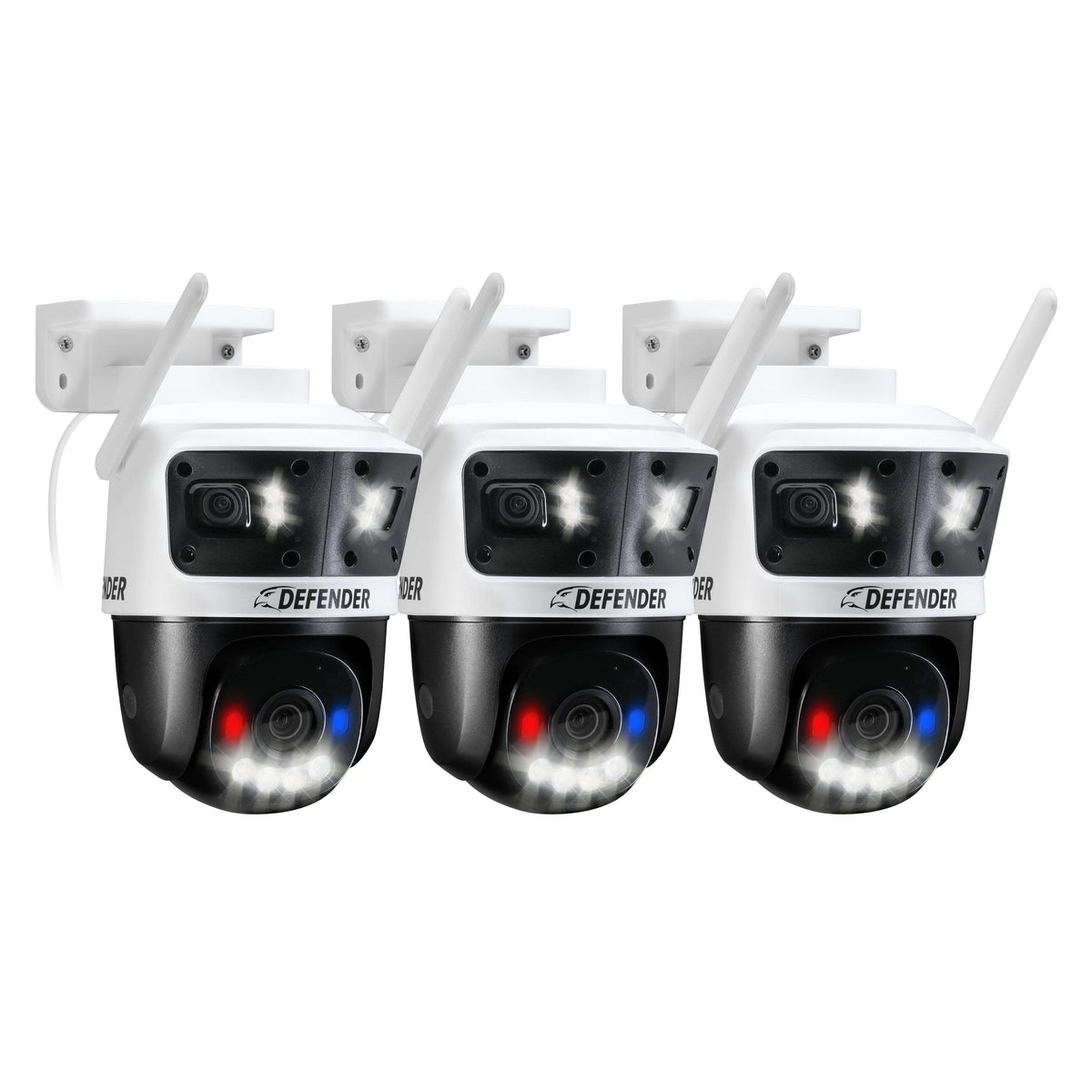 Defender - AI 3K+ Guard Tri-Lens PTZ WIFI Plug-in Security Camera, 360° Tracking, AI Detection, Works w/ Guard App, 3 Pack - White