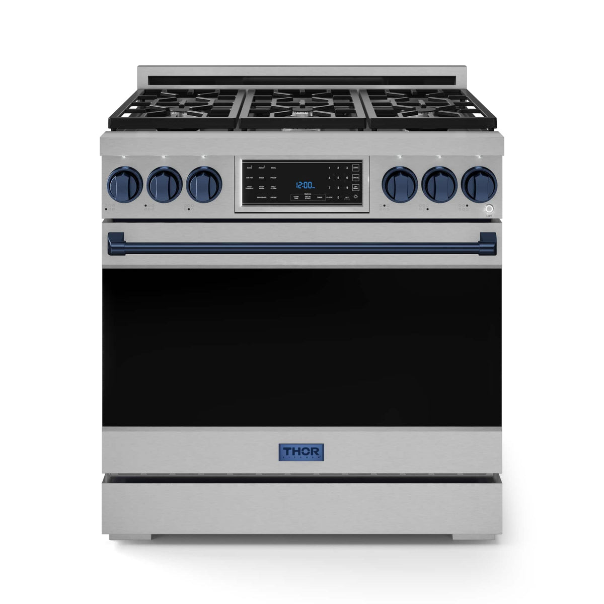 36 in. Wide 6 Burner Gordon Ramsay Series by Thor Kitchen 6.0 Cu. Ft Freestanding LP Gas Range with Navy Blue Hardware - Stainless Steel