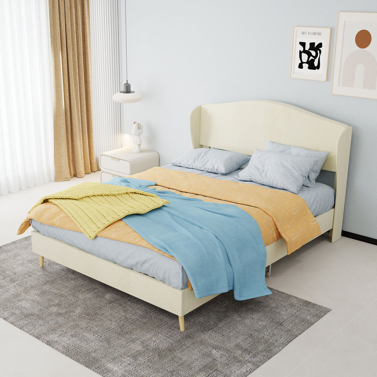Cama tapizada, cabecero capitoné, sueño confortable
