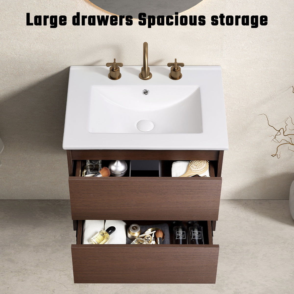 Mueble de baño con lavabo para colgar en la pared - Marrón / Marrón / Blanco