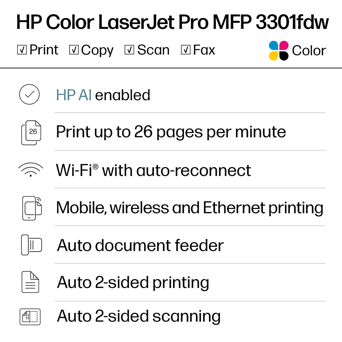 HP - LaserJet Pro MFP 3301fdw Wireless AI-Enabled Color All-in-One Laser Printer - White & Slate