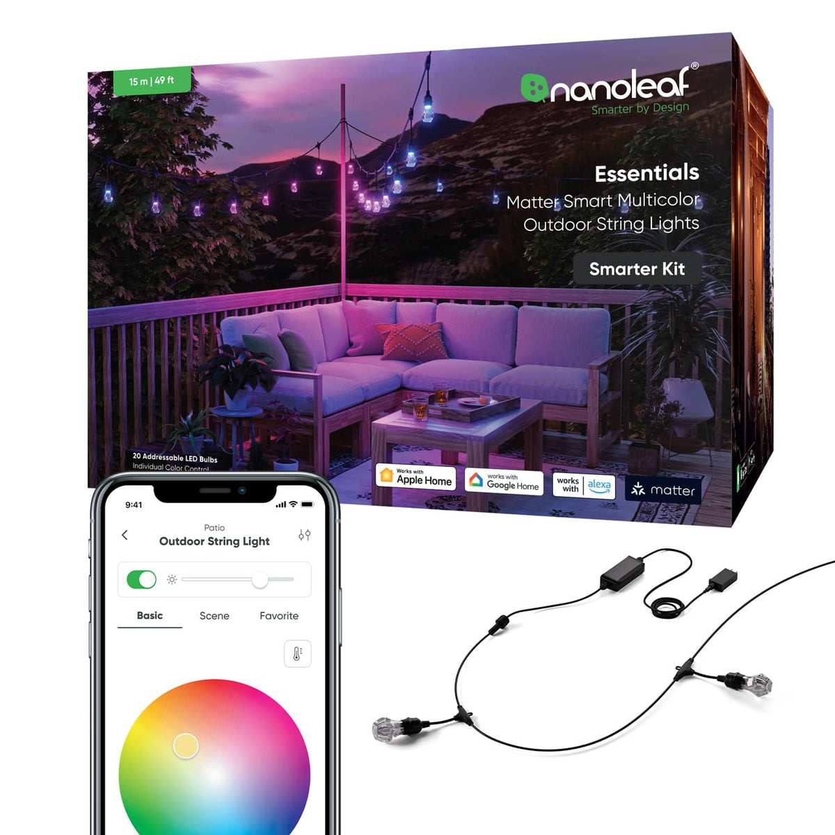 Nanoleaf - Essentials Smart Multicolor Outdoor String Lights Smarter Kit – 49 feet - White and Colors