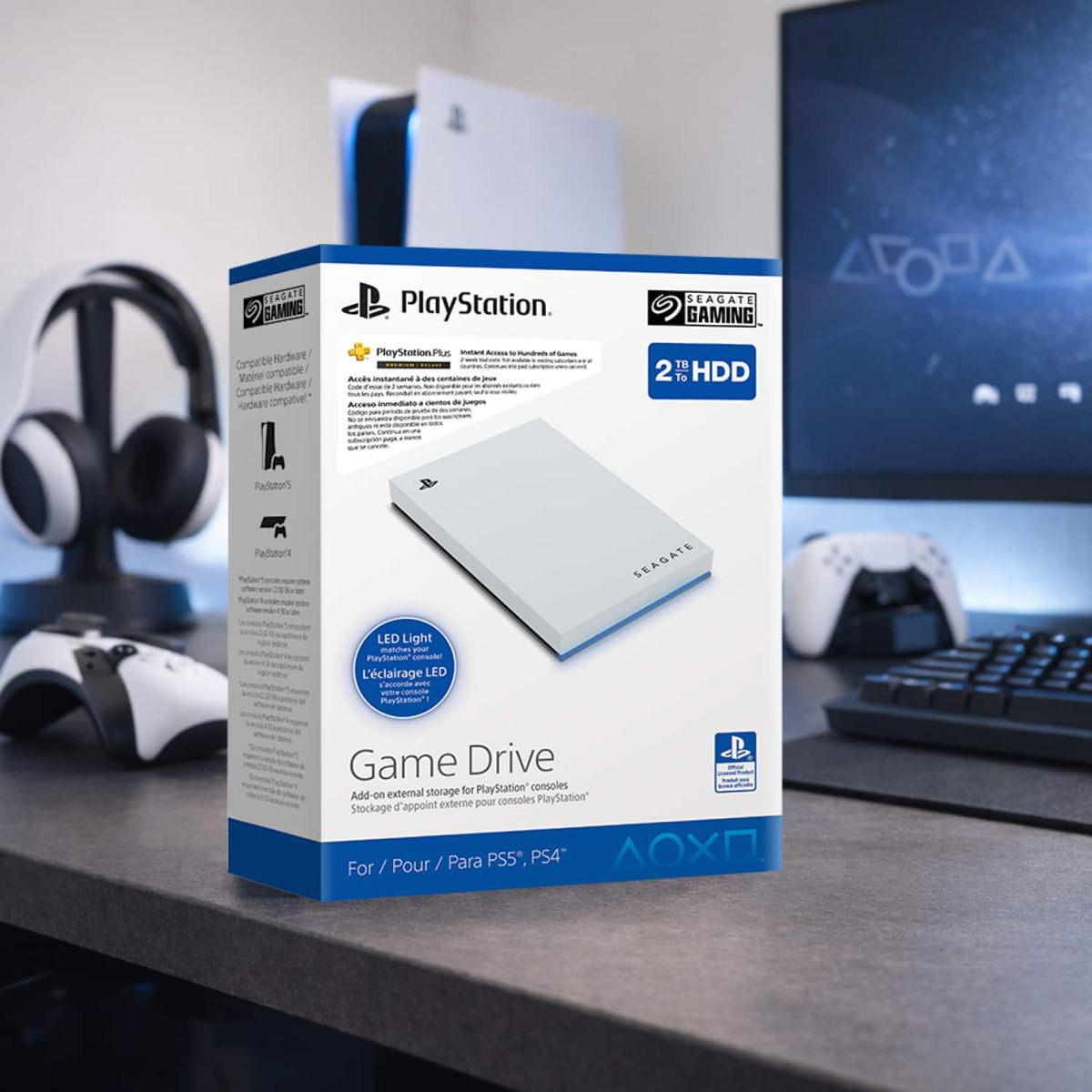 Seagate - Game Drive for PlayStation Consoles 5TB External USB 3.2 Gen 1 Portable Hard Drive with Blue LED Lighting - White