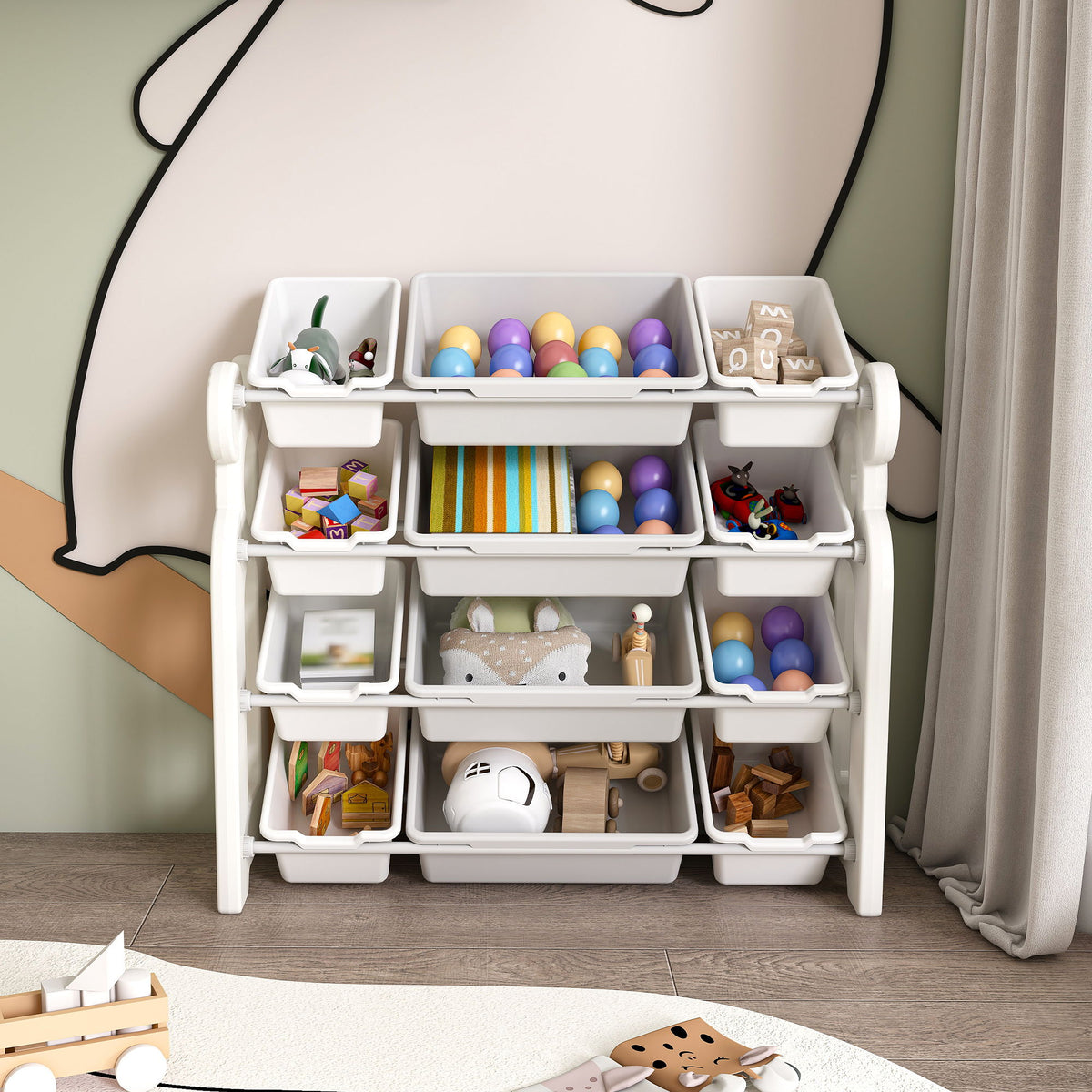 Multi Functional Kids Toy Storage Organizer Cabinet With Hdpe Shelf And 12 Bins - Gray / Ivory
