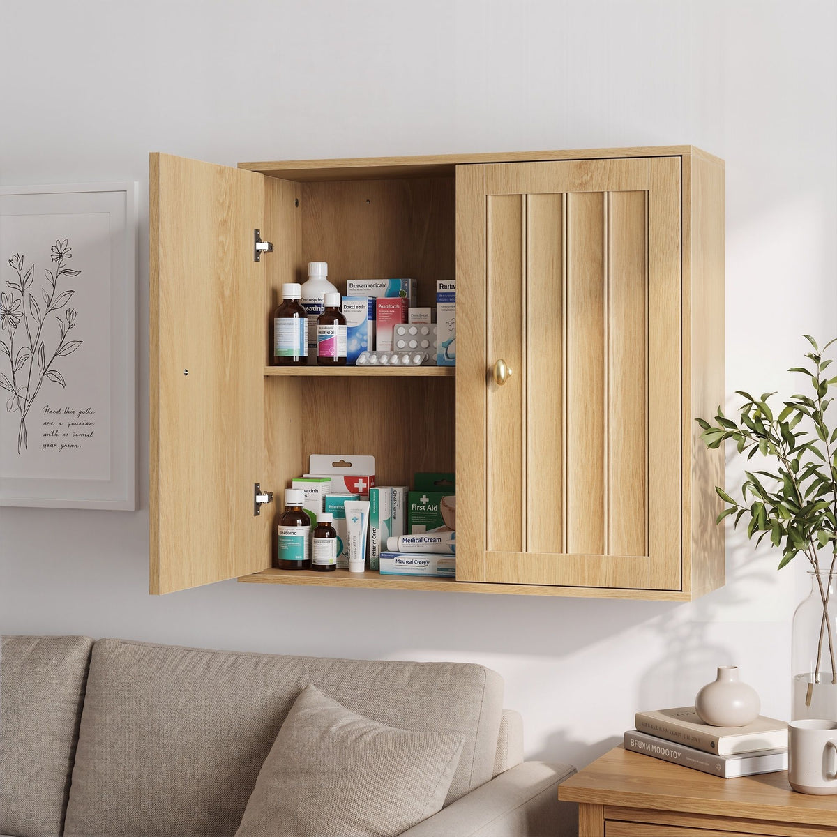Armario de baño de pared con puertas dobles y diseño de ranura vertical para baños - Roble
