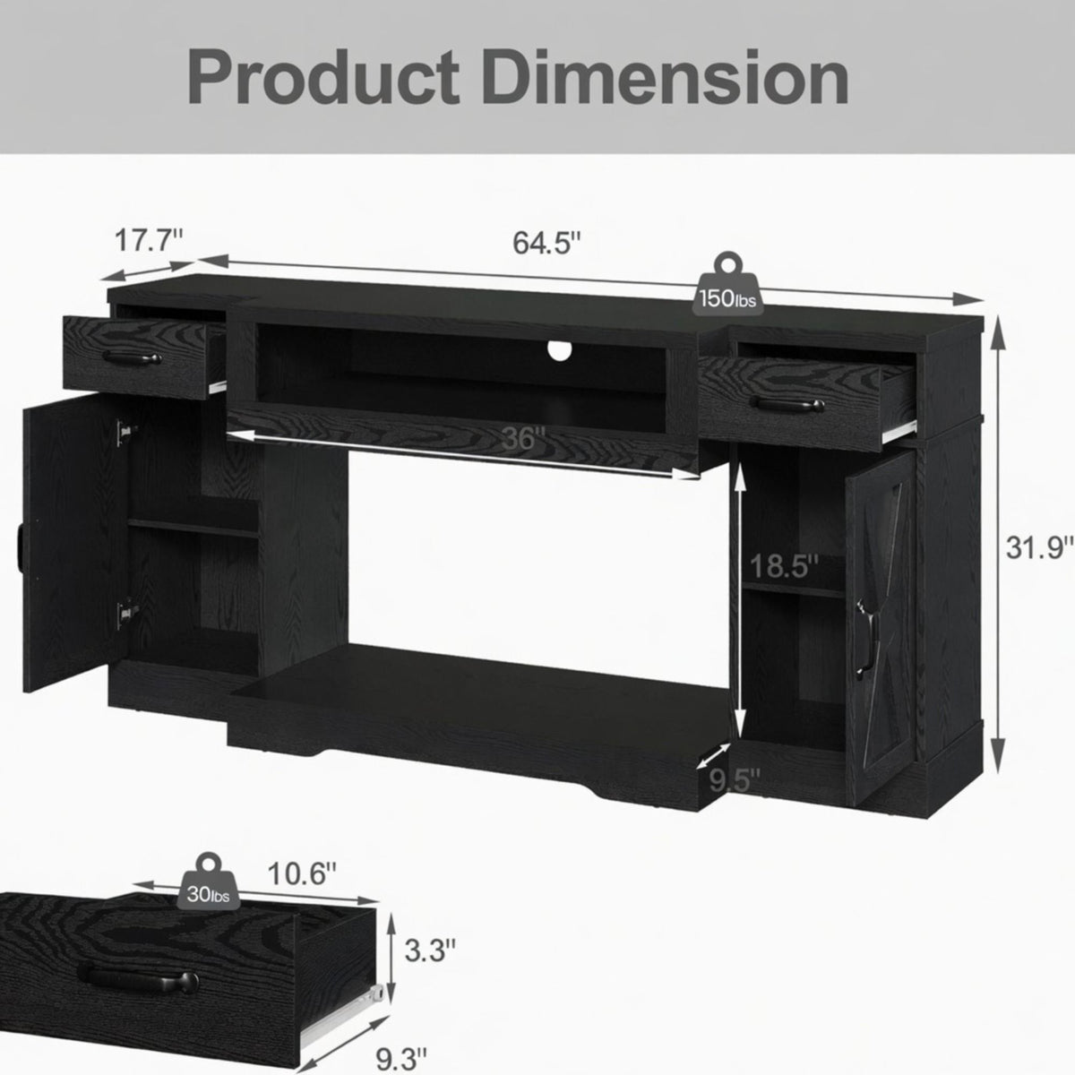 Mueble para TV con estantes ajustables y puertas dobles