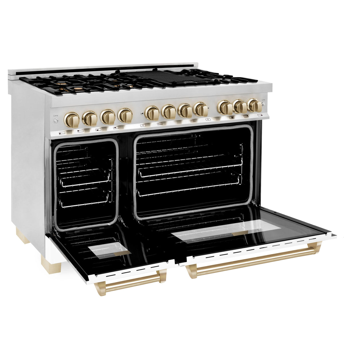 ZLINE - 48 in. Wide 8 Burner Autograph Legacy Dual Fuel Range in White & Gold Accents (RAZ-WM-48-G) - Stainless Steel
