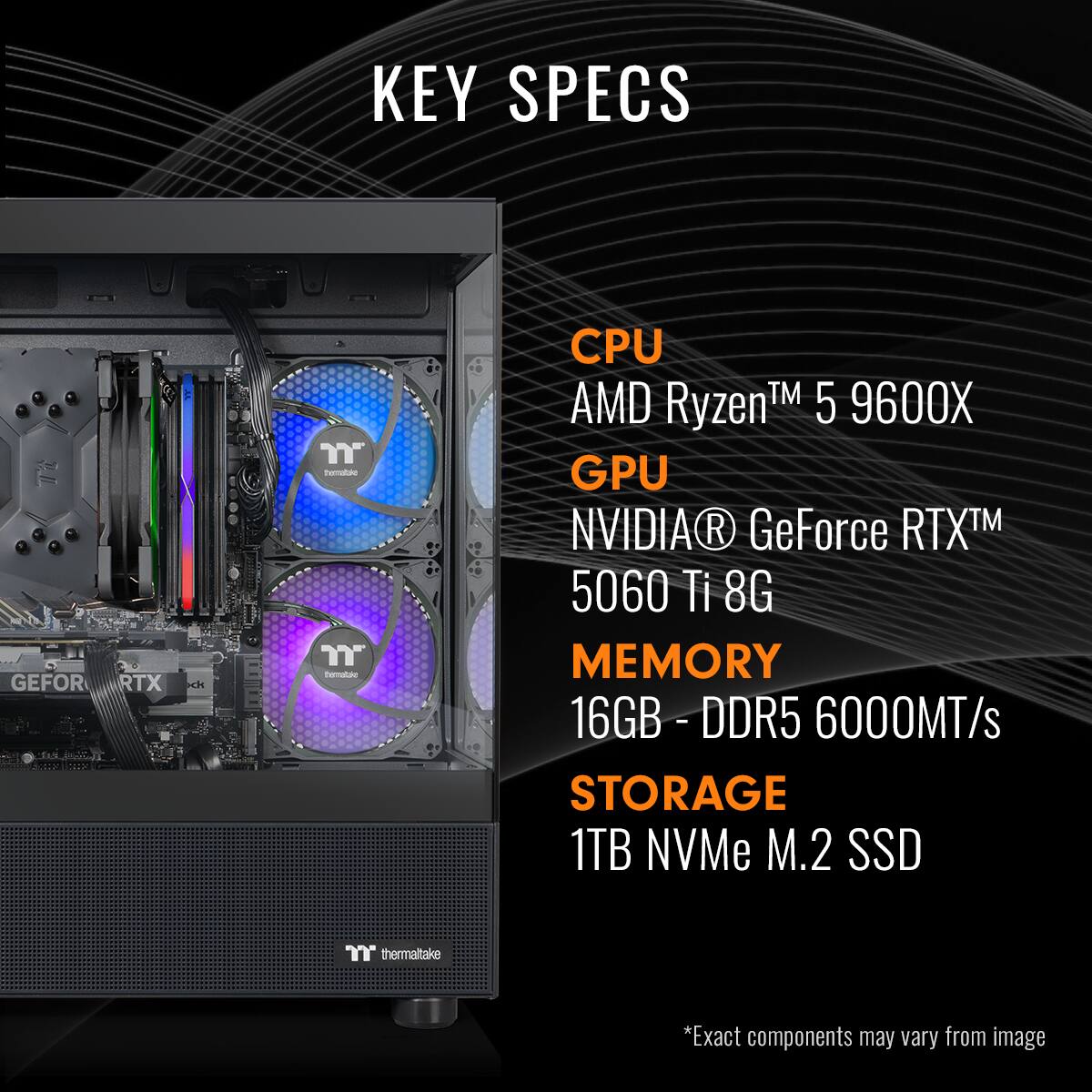Thermaltake - LCGS View 9660T-170 Gaming Desktop AMD Ryzen 5 9600X 16GB RGB RAM NVIDIA GeForce RTX5060 Ti 8G 1TB SSD NVMe M.2 Wifi - Black