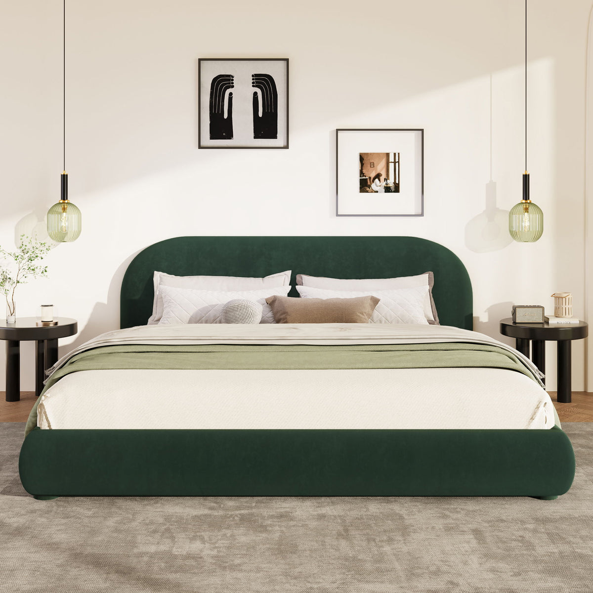 Cama doble tapizada de dormitorio moderna sencilla