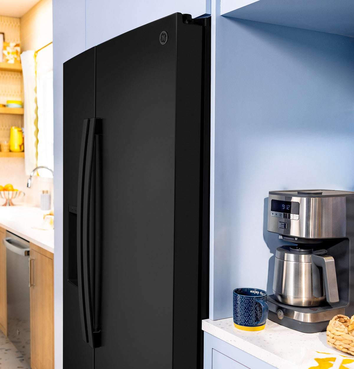 GE - 36 in. Wide 23.6 Cu. Ft. Counter Depth Side-By-Side Refrigerator with Extra Tall Dispenser and In-Door Icemaker - Black
