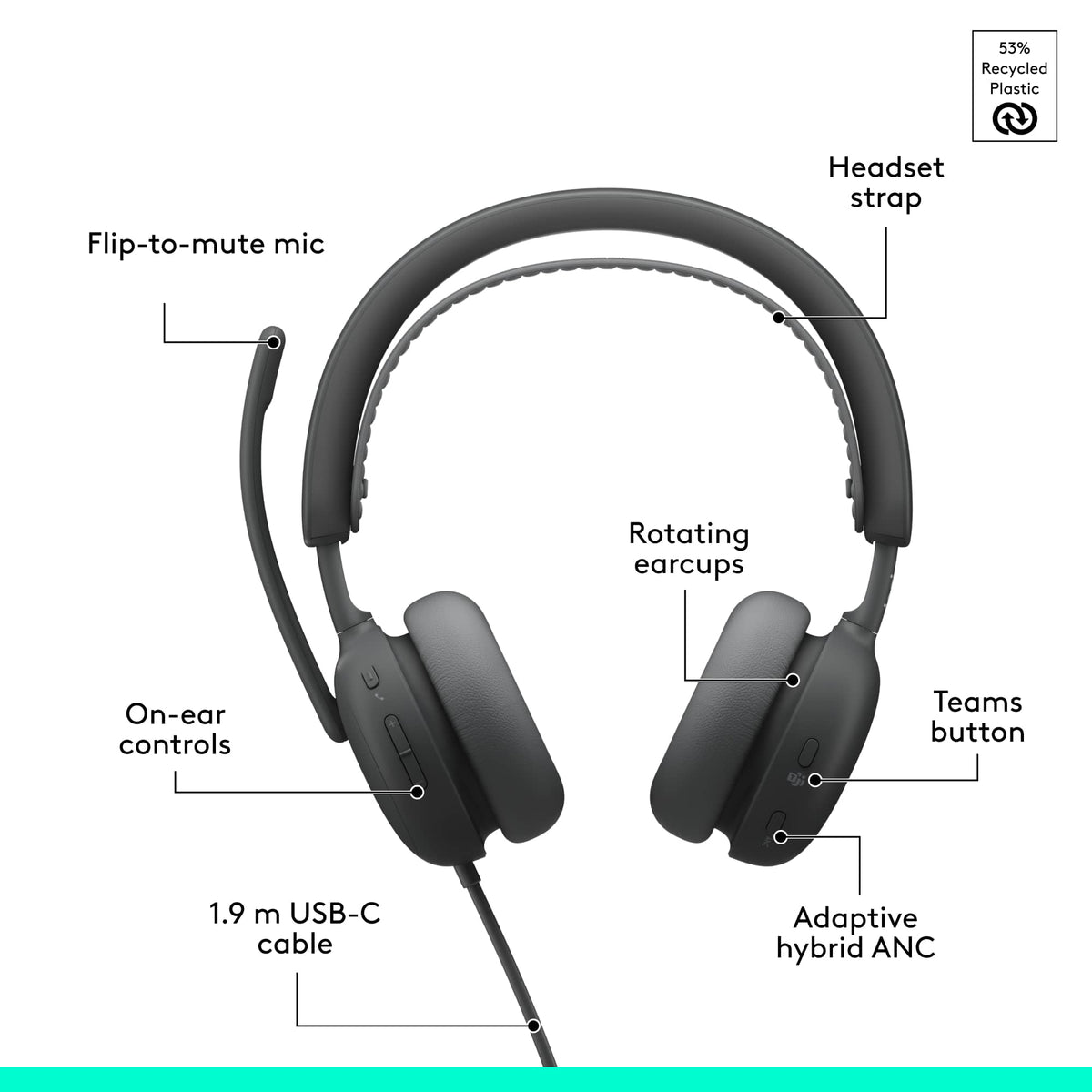 Logitech - Zone Wired 2 Noise-Canceling Headset for Business Microsoft Teams Certified USB C with USB A Adapter - Graphite