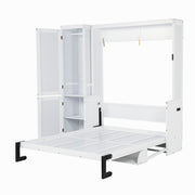Queen Size Murphy Bed With Wardrobe, Space-Saving Hidden Wall Bed With Desk And Charging Station - White