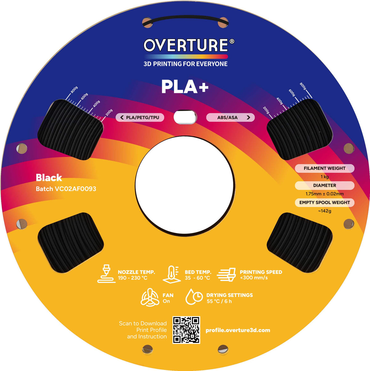 Overture - 1.75 mm PLA+ 3D Printer Filament - Black