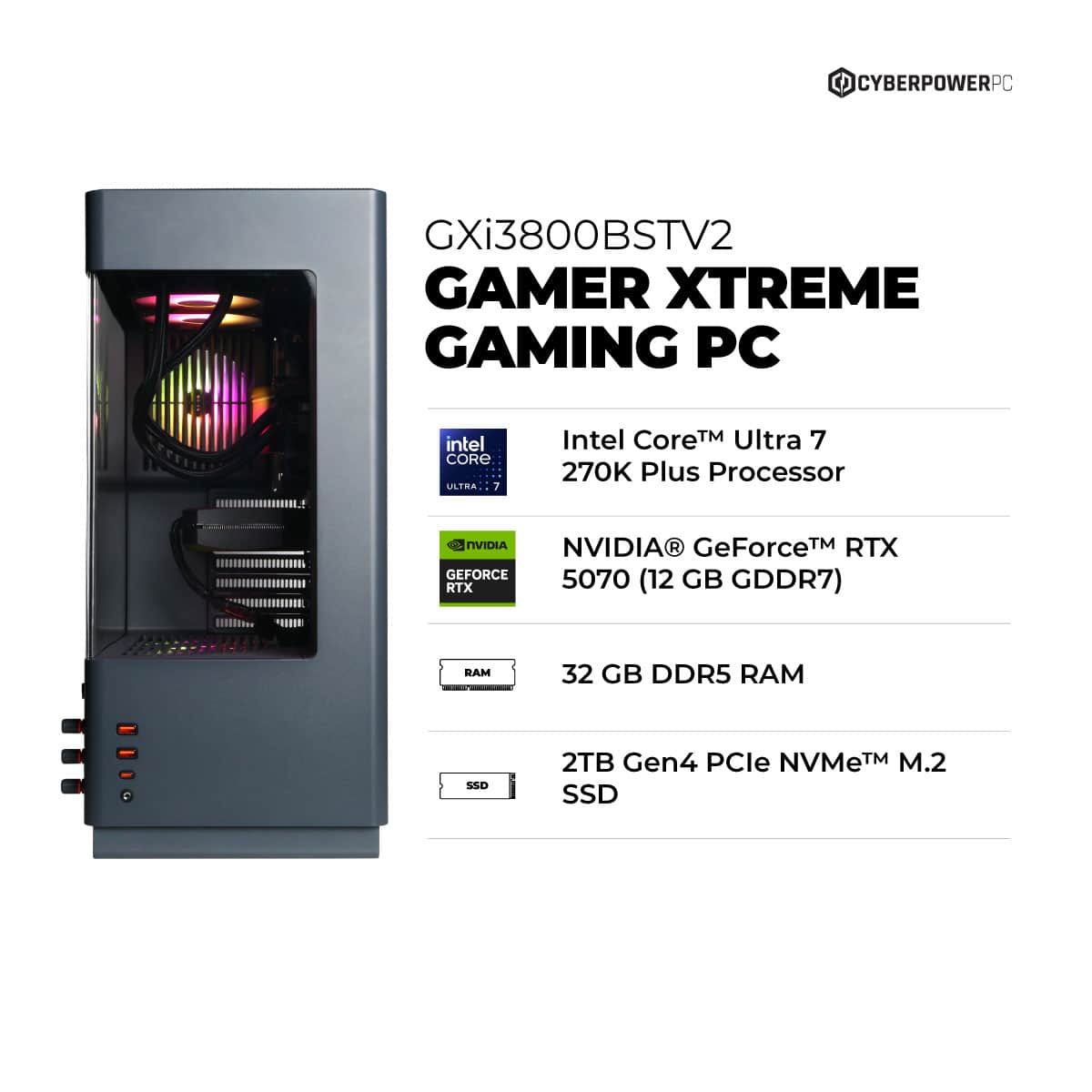 CyberPowerPC - Gaming Desktop - Intel Core Ultra 7 270K Plus - NVIDIA GeForce RTX 5070 12GB - 32GB DDR5 - 2TB PCIe 4.0 SSD Storage - Gray