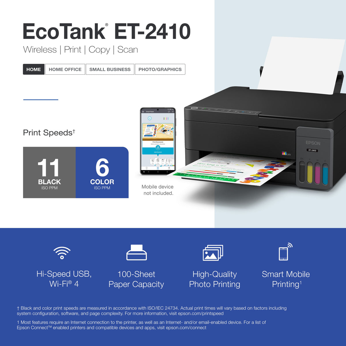 Epson - EcoTank ET-2410 Wireless All-in-One Color Supertank Inkjet Printer - Black