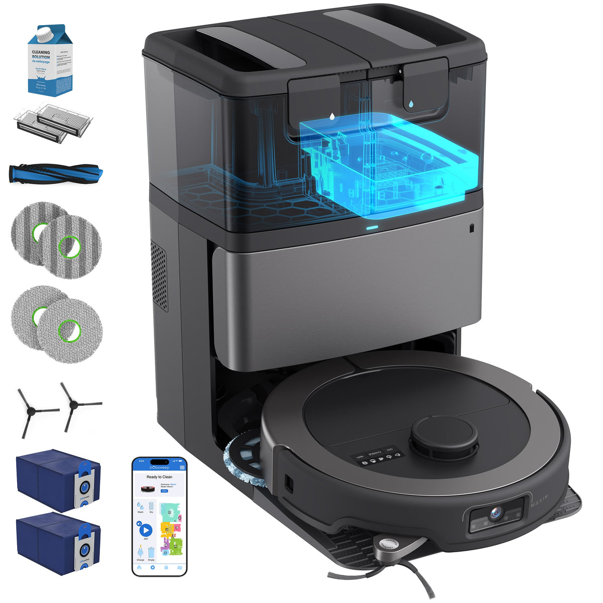 bObsweep - Maxim All-in-One Robot Vacuum & Mop, 22000Pa Suction, Odor-Filter AutoWash/Dry/Empty Dock, w Object Detection - Titanium Black