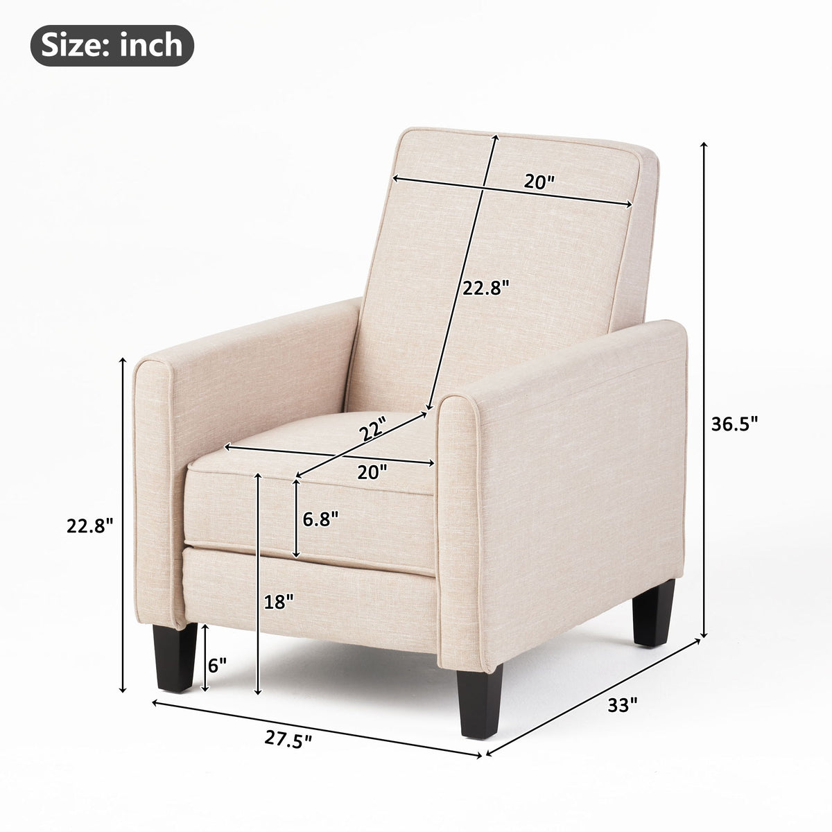 Sillón reclinable tapizado con respaldo retráctil para sala de estar