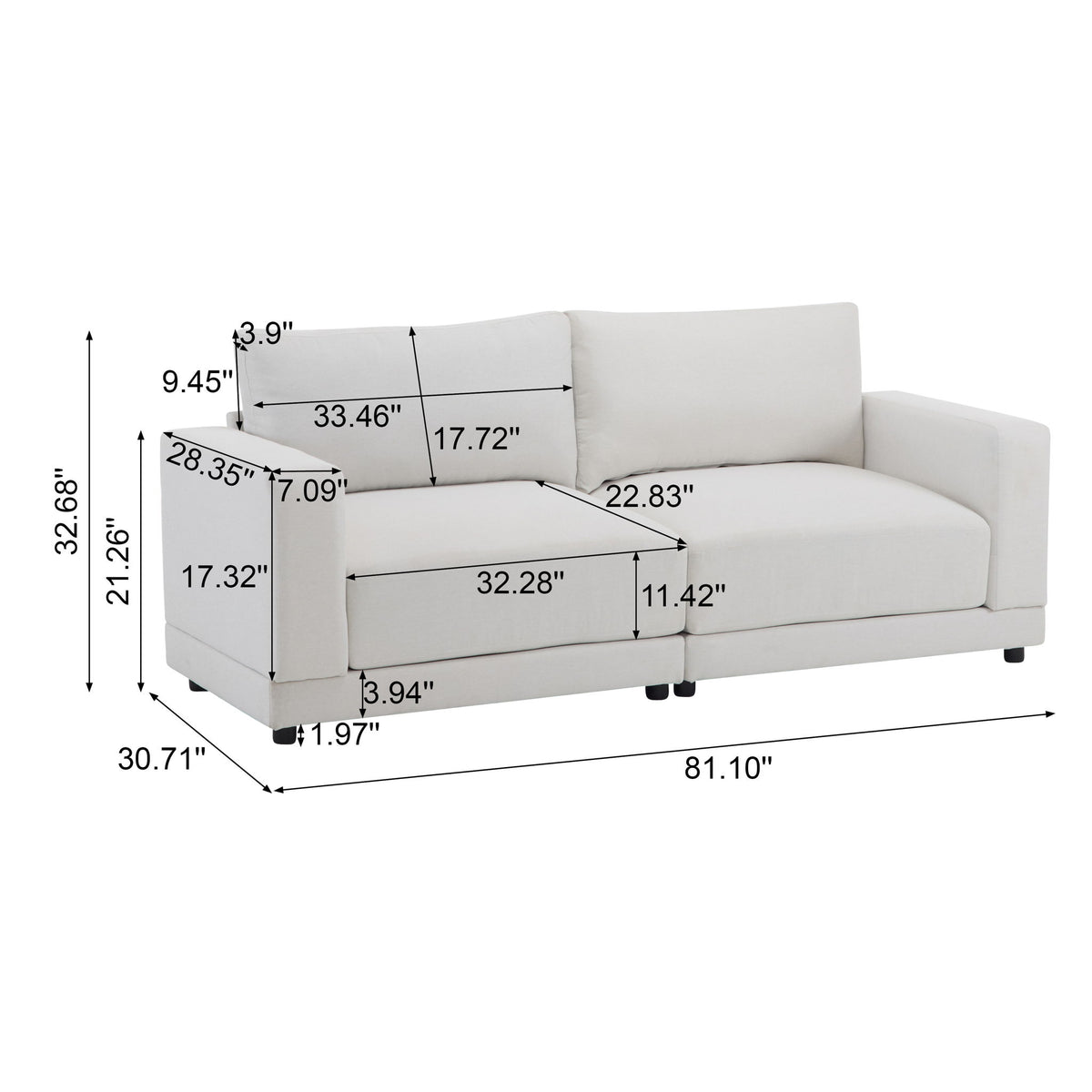 Modern Square Arm Sofa With Soft Fabric Upholstery, Deep Cushions