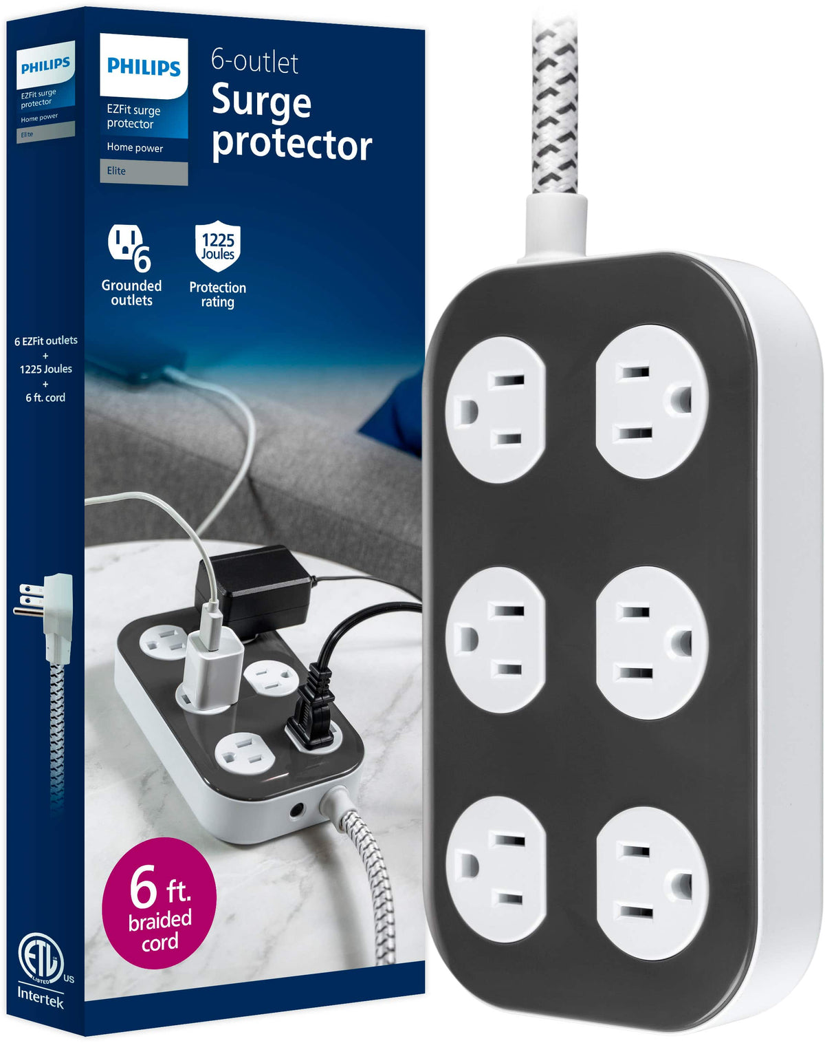 Philips - Surge Protector, 6 Grounded Outlets, 1225J, Braided Cord, 6ft - Dark Gray & Artic White