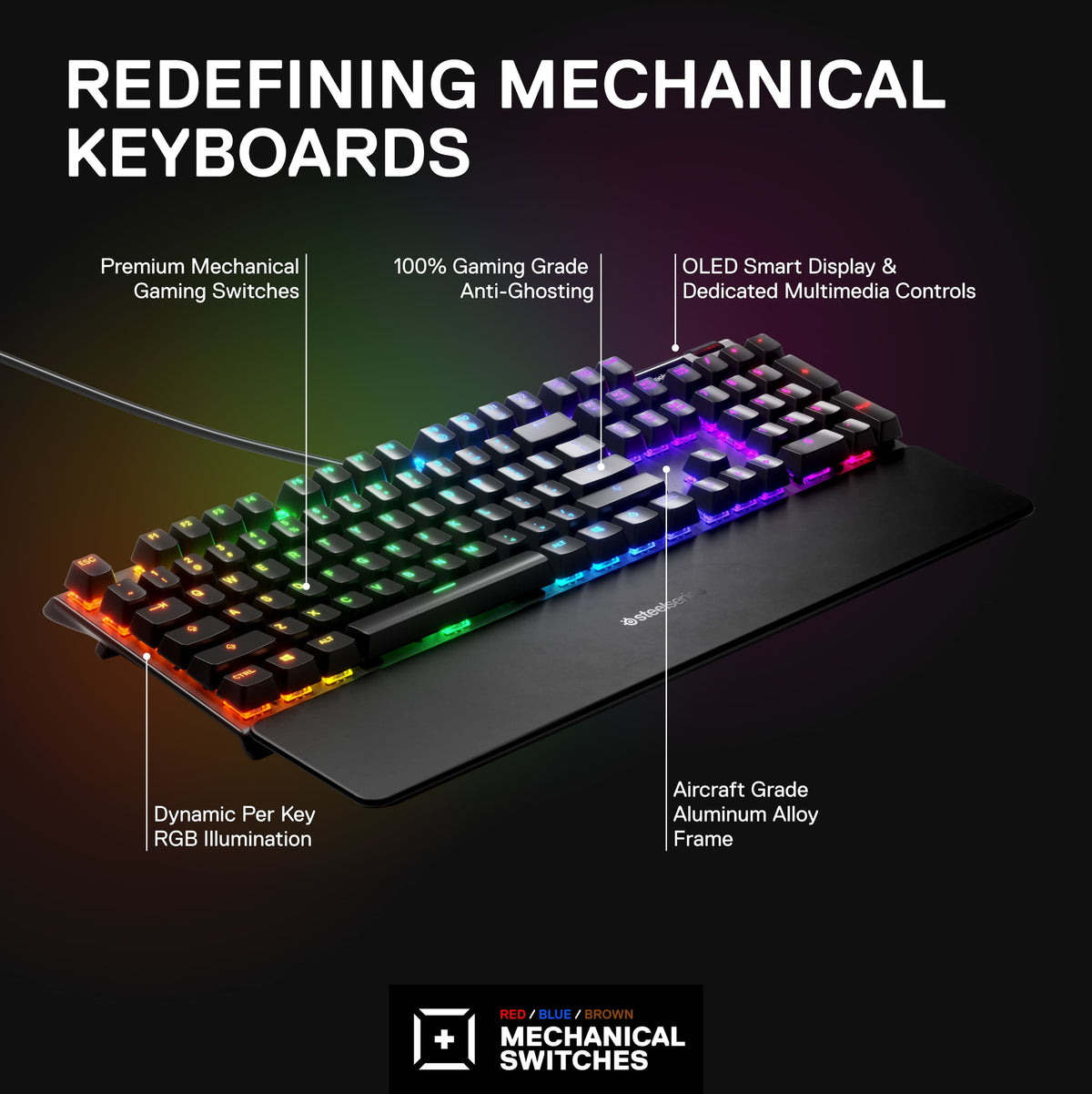 SteelSeries - Apex 7 Full Size Wired Mechanical Red Linear Switch Gaming Keyboard with Rapid Tap - Black