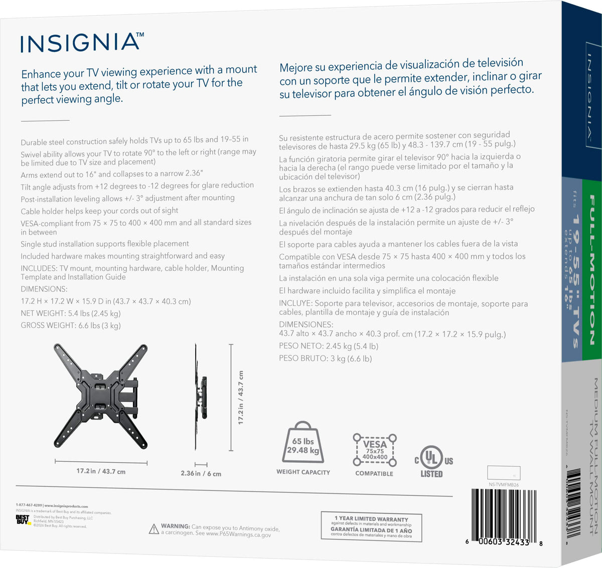 Insignia™ - Full-Motion TV Wall Mount for Most 19–55" TVs, Up to 65 lbs. — Extends 16" - Black