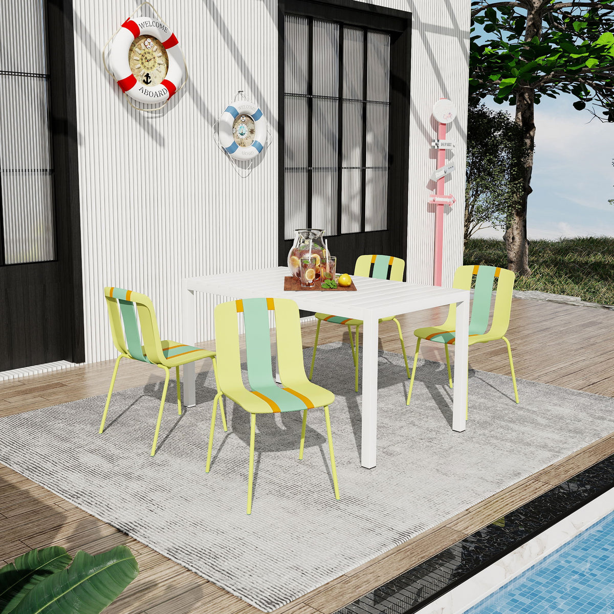 Set de 4 piezas de sillas individuales y mesa larga con bloques de color a rayas - Amarillo grano / Verde neblina / Naranja tropical / Blanco