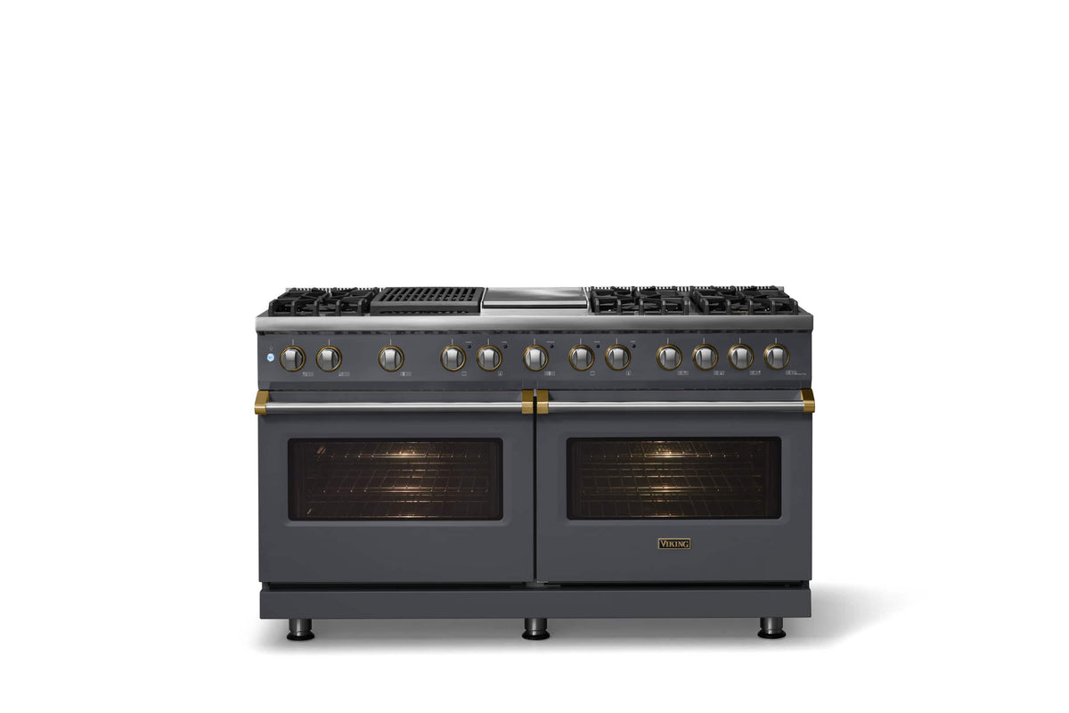 Viking - Pro 5 Series 9.4 Cu. Ft. Freestanding Sealed 8B LP DF Convection Range/Grdl/Grill - Cast Black w. Burshed Brass Trim - Cast Black