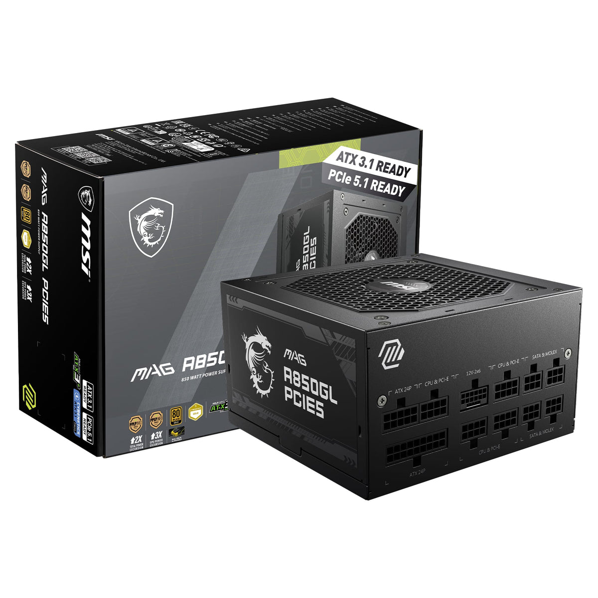 MSI - MAG A850GL PCIE5 850W Full Modular ATX 3.1 Ready 80 Plus Gold Power Supply - Black