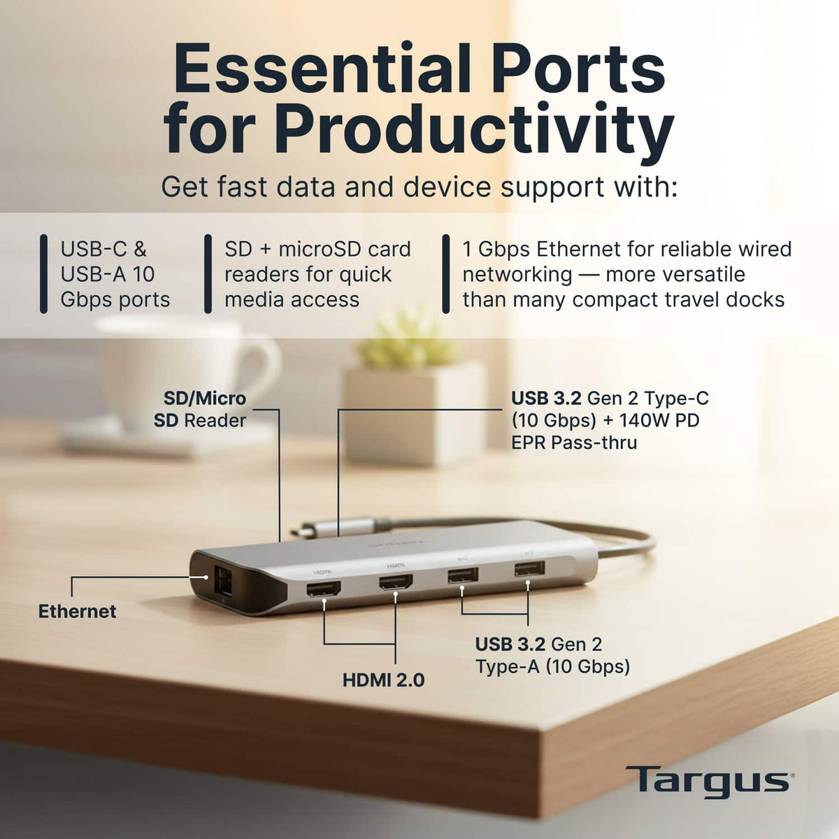 Targus - USB-C Alt. Mode Dual HDMI 4K Mobile Dock with 140W EPR Pass-Thru & SD Reader - Silver