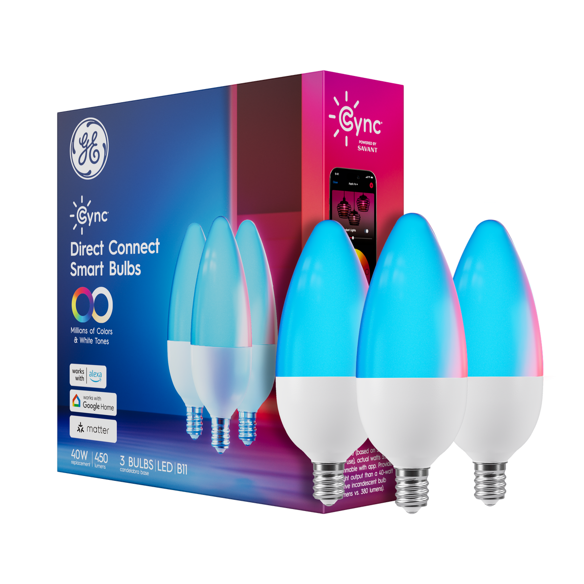 Cync - Decorative Direct Connect B11 Smart LED Bulb (3 Pack) - Full Color