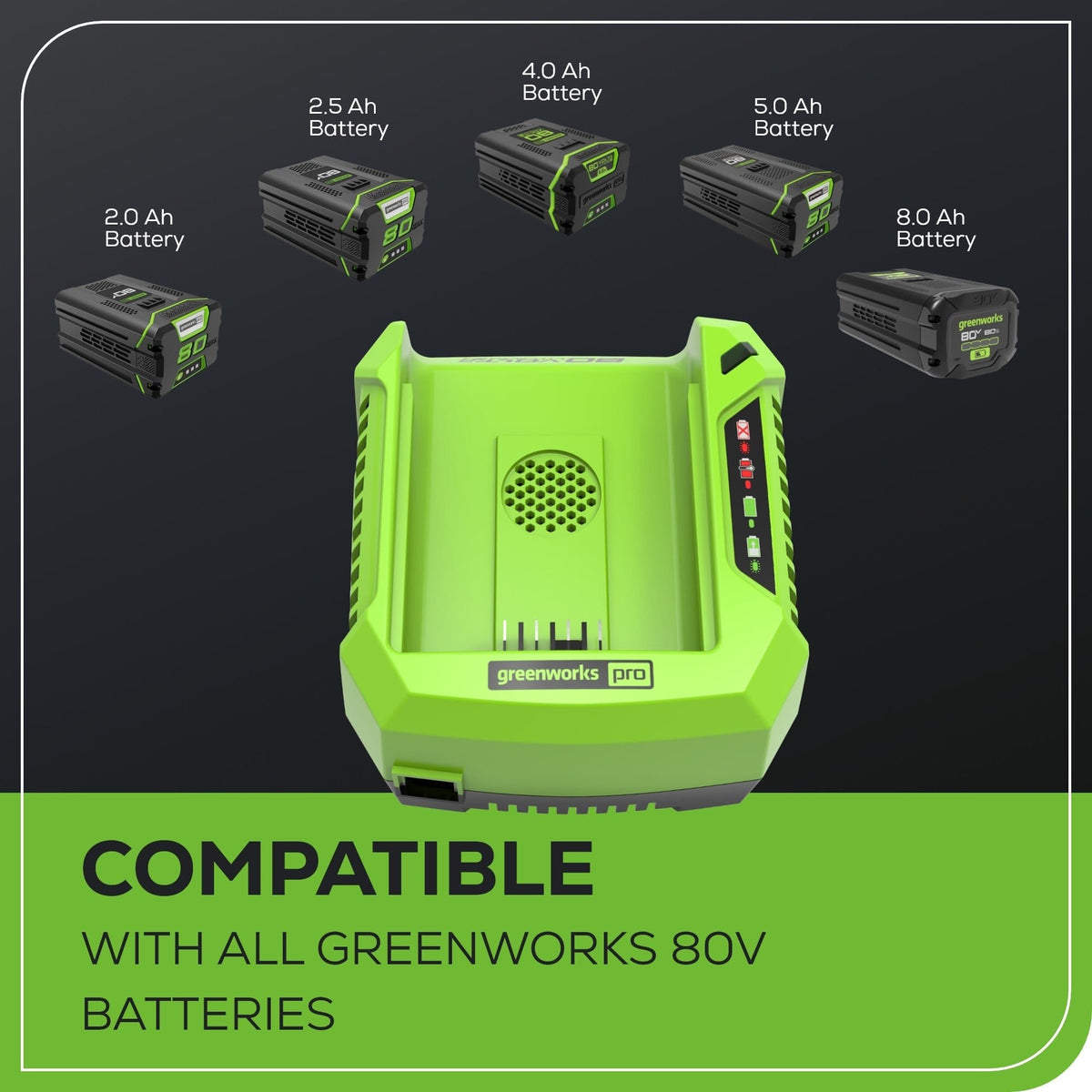 Greenworks - 80 Volt Pro Rapid Battery Charger - Black/Green