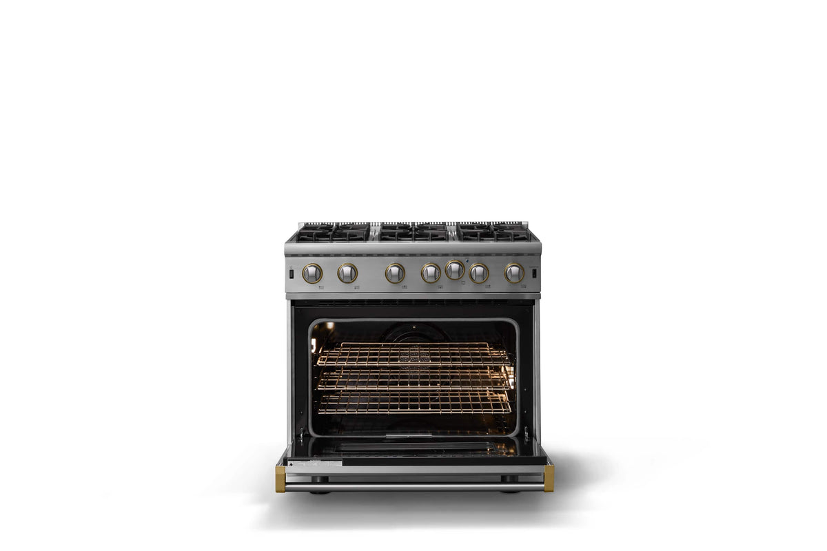 Viking - 30"W. 5.1 Cu. Ft. Freestanding Manual Clean Open Burner LP Gas Convection Range-Stainless Steel w. Brushed Brass Trim - Stainless Steel