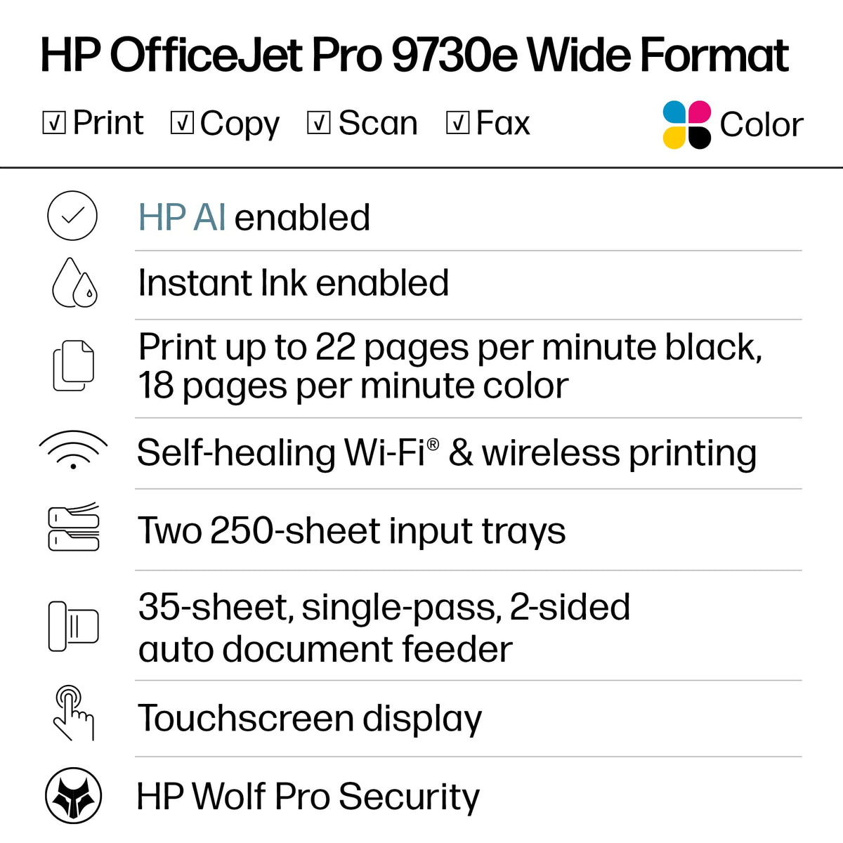 HP - OfficeJet Pro 9730e Wireless AI-Enabled Wide Format AiO Inkjet Printer w/ 3 Months of Instant Ink - White