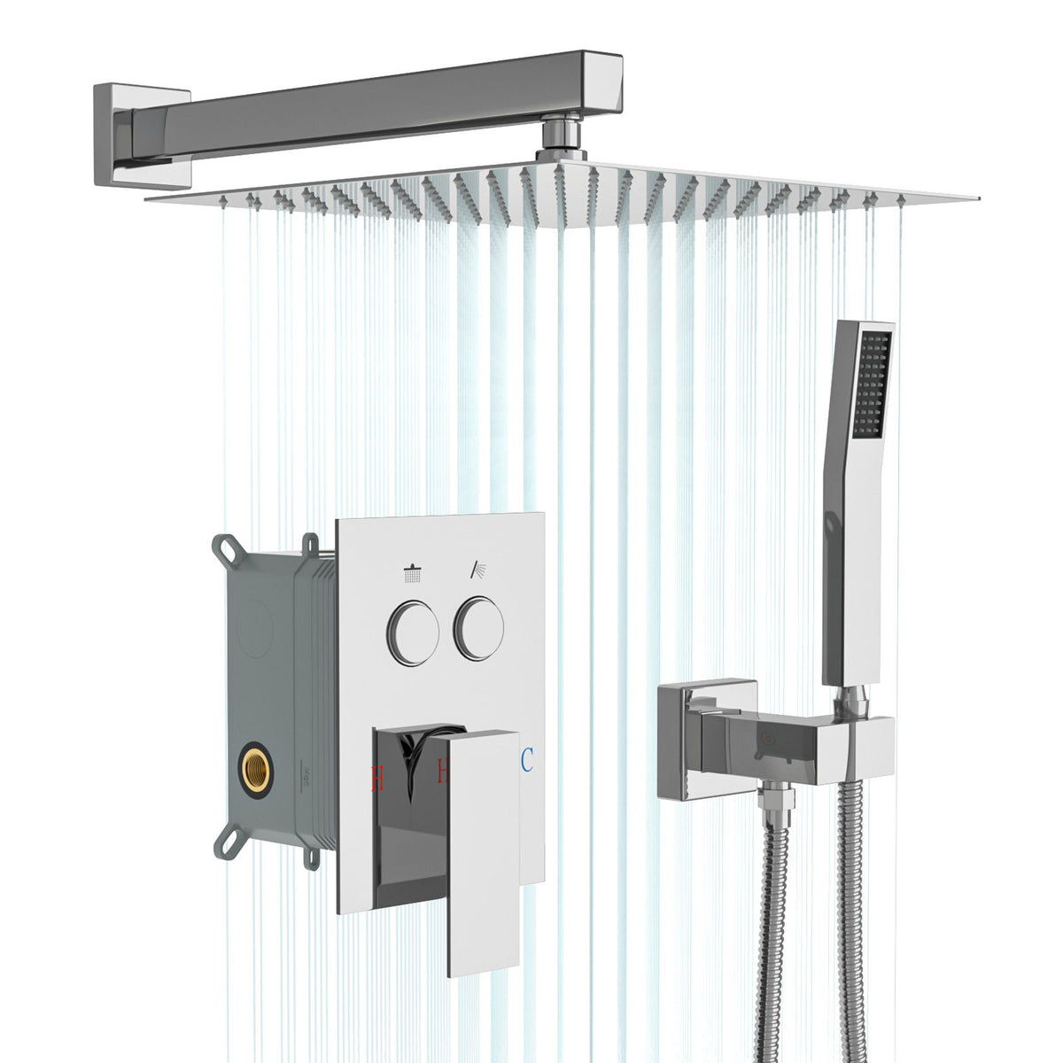 Dual Shower Head System With Square Rain Shower And Rough In Valve