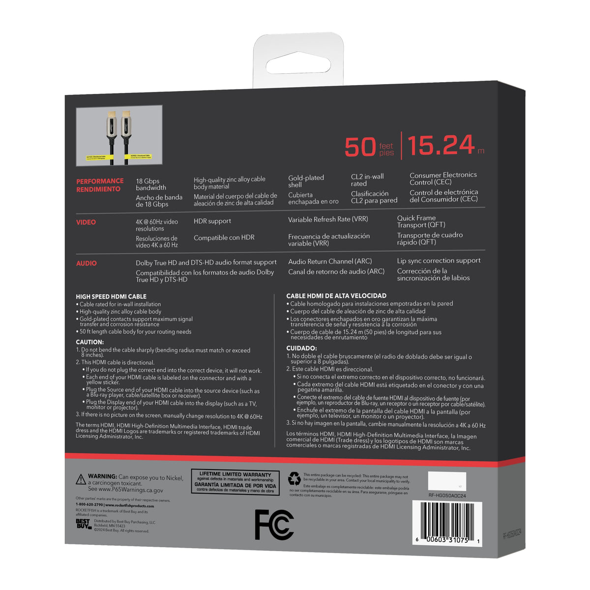 Rocketfish™ - 50' 4K UltraHD In-Wall Rated Fiber Optic HDMI Cable with HDR Support - Black