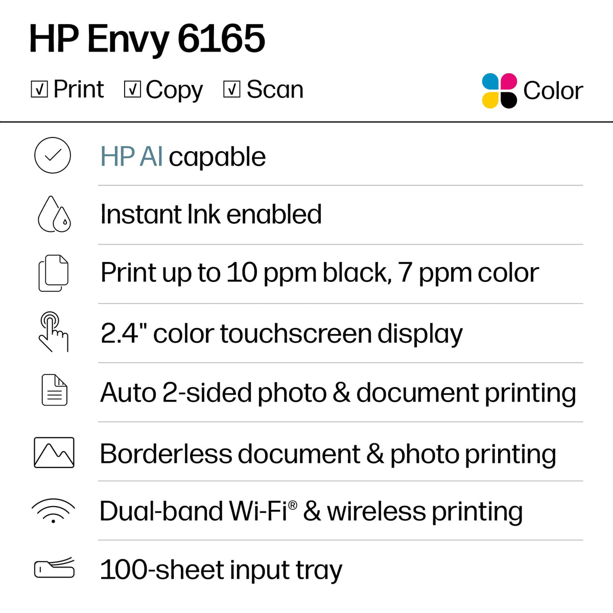 HP - Envy 6165 Wireless AI-Enabled All-in-One Inkjet Printer with 6 months of Instant Ink - White