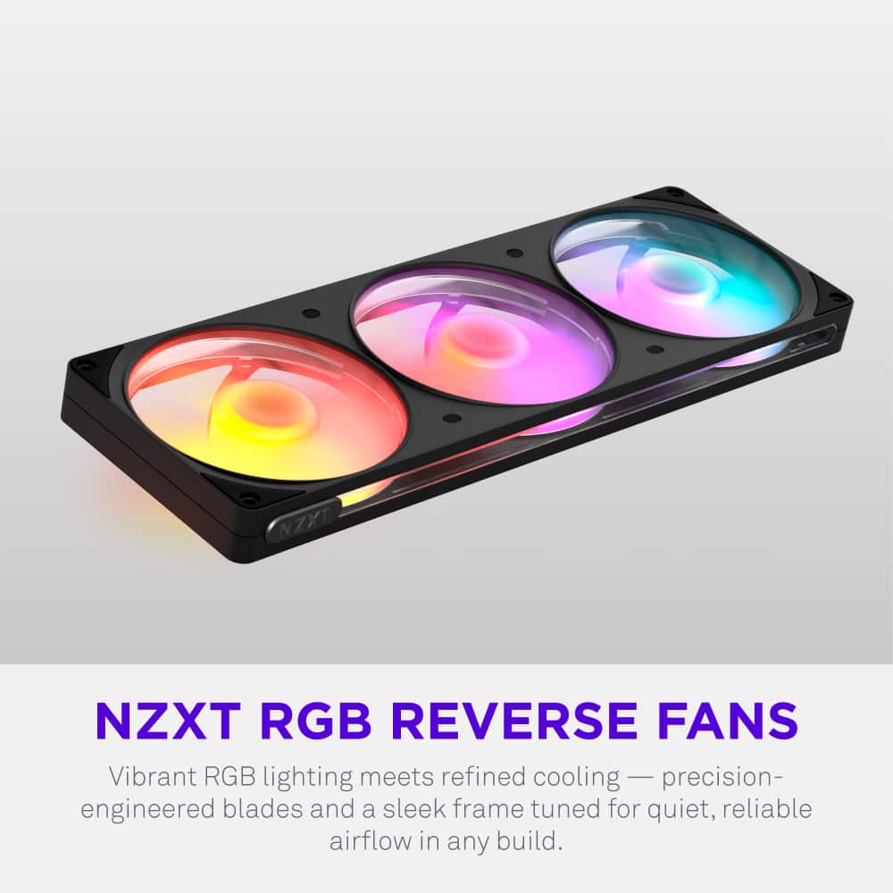 NZXT - F360 RGB Reverse Fan - 360mm Single-Frame Case Fan Unit with 3x 120mm Reverse-Blade PWM RGB Computer Case Fans - Black