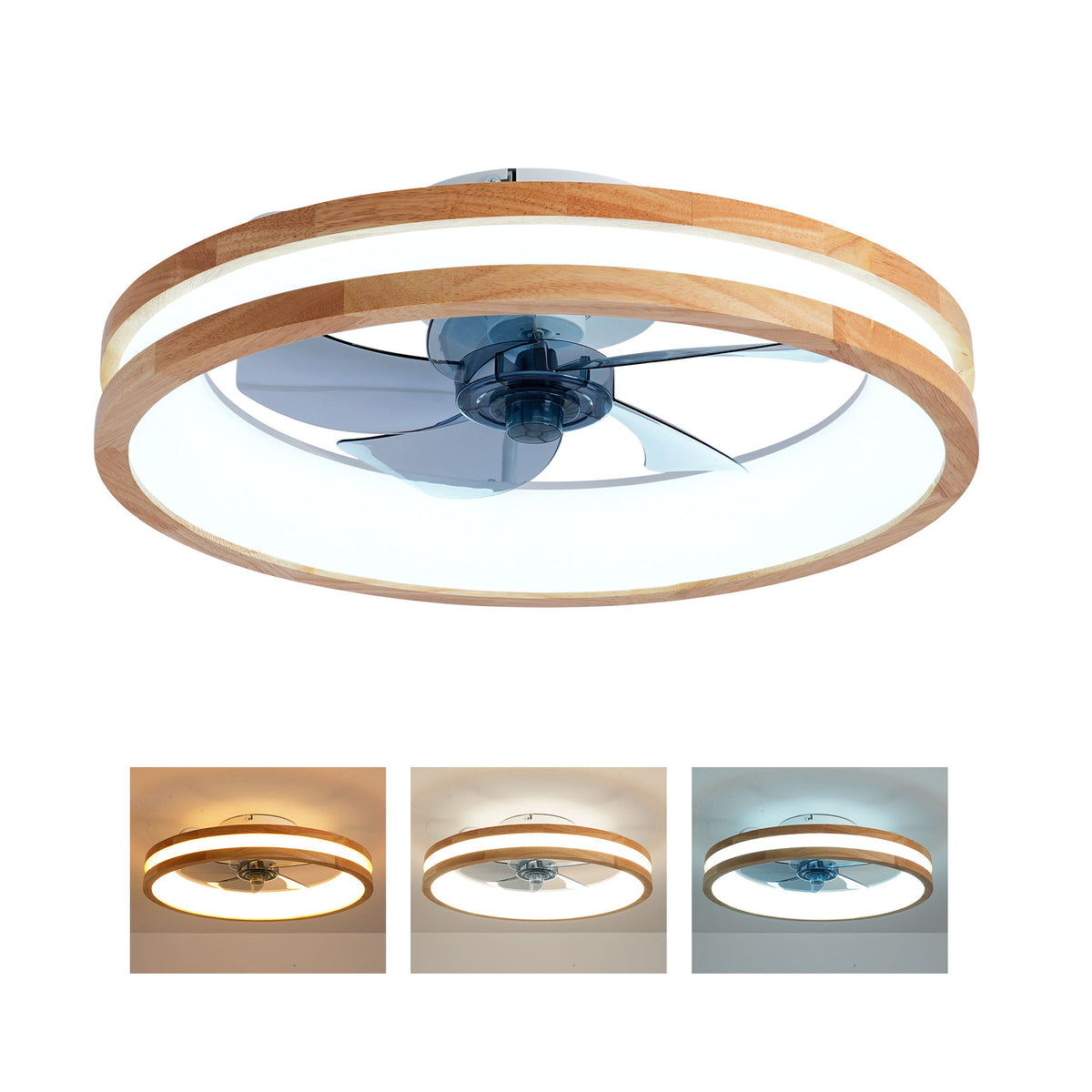 Ventiladores de techo con fuente de luz LED y control remoto, regulables de 3000 a 6500 K, 6 velocidades, motor de CC silencioso para sala de estar - Madera natural / Blanco