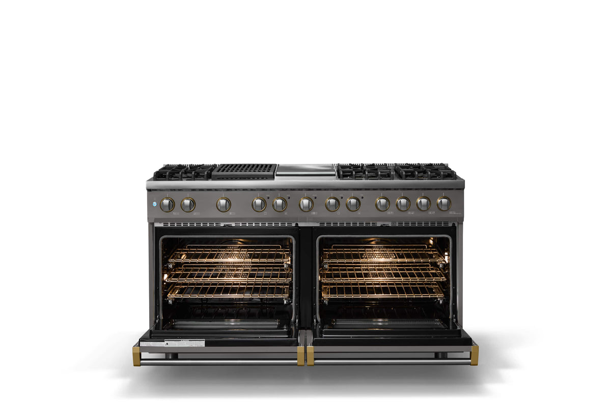 Viking - Pro 5 Series 9.4 Cu. Ft. Freestanding Sealed 8B LP DF Convection Range/Grdl/Grill - Damascus Gray w. Brushed Brass Trim - Damascus Gray