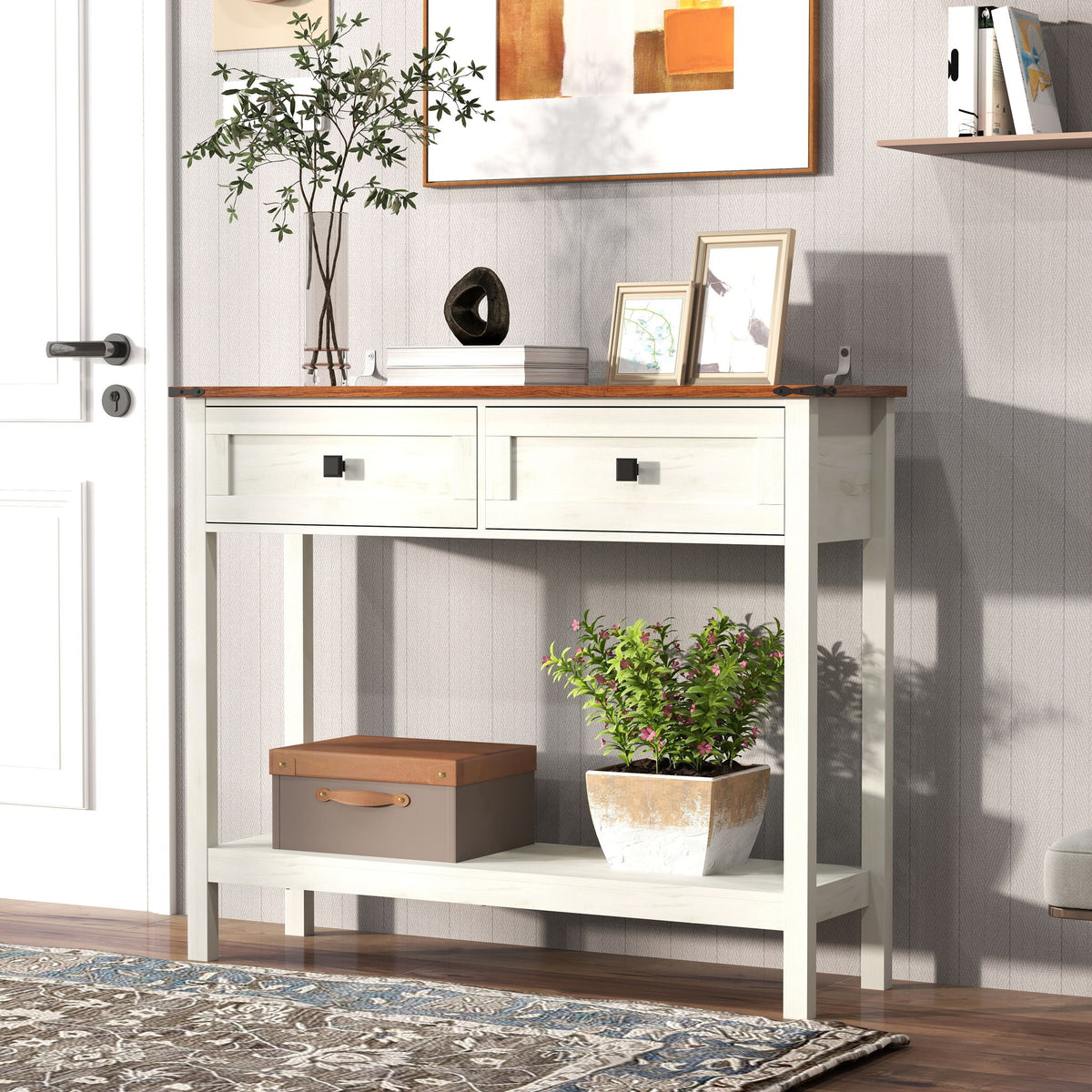 Farmhouse Style Console Table With 2 Drawers And Bottom Storage Shelf