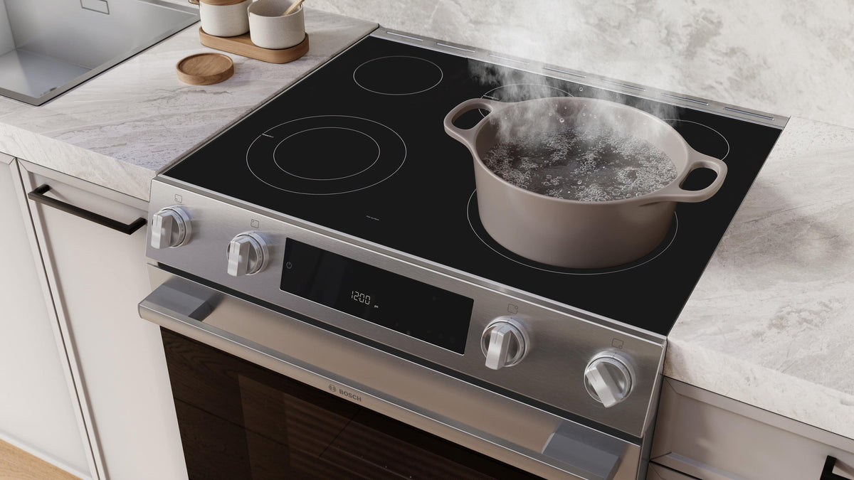 Bosch - 300 Series 30 in. Wide 5.8 Cu. Ft. Slide-In Electric Convection Range with 5 Elements - Stainless Steel