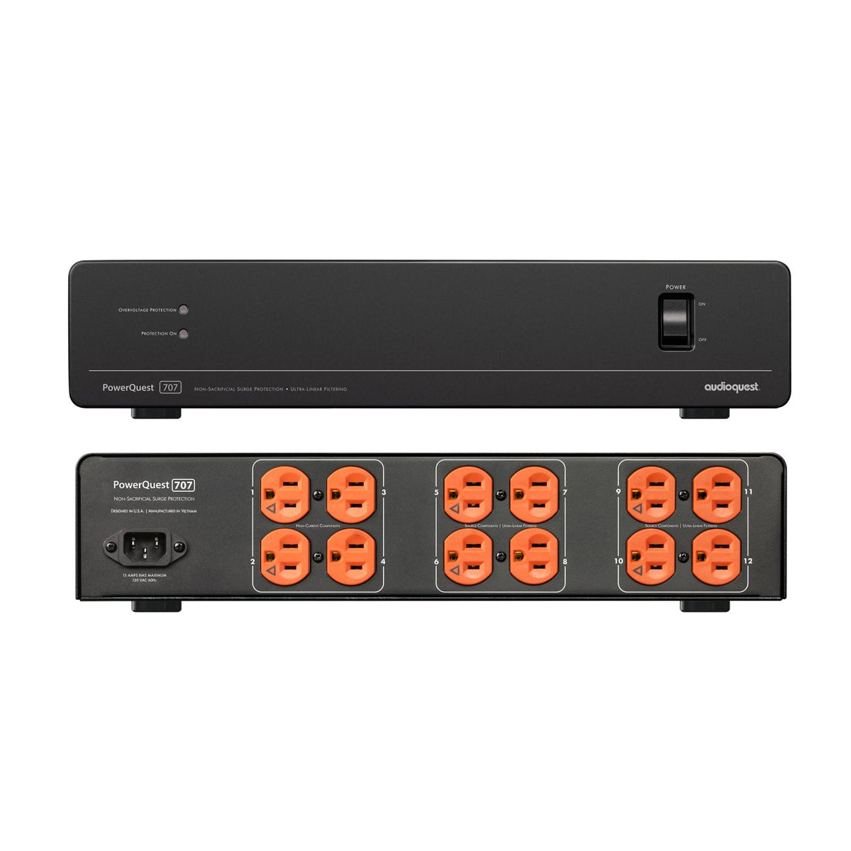 AudioQuest - PowerQuest 707 Premium 12-Outlet/Unlimited Joules Non-Sacrificial Surge Protector with Transient Power Correction - Black