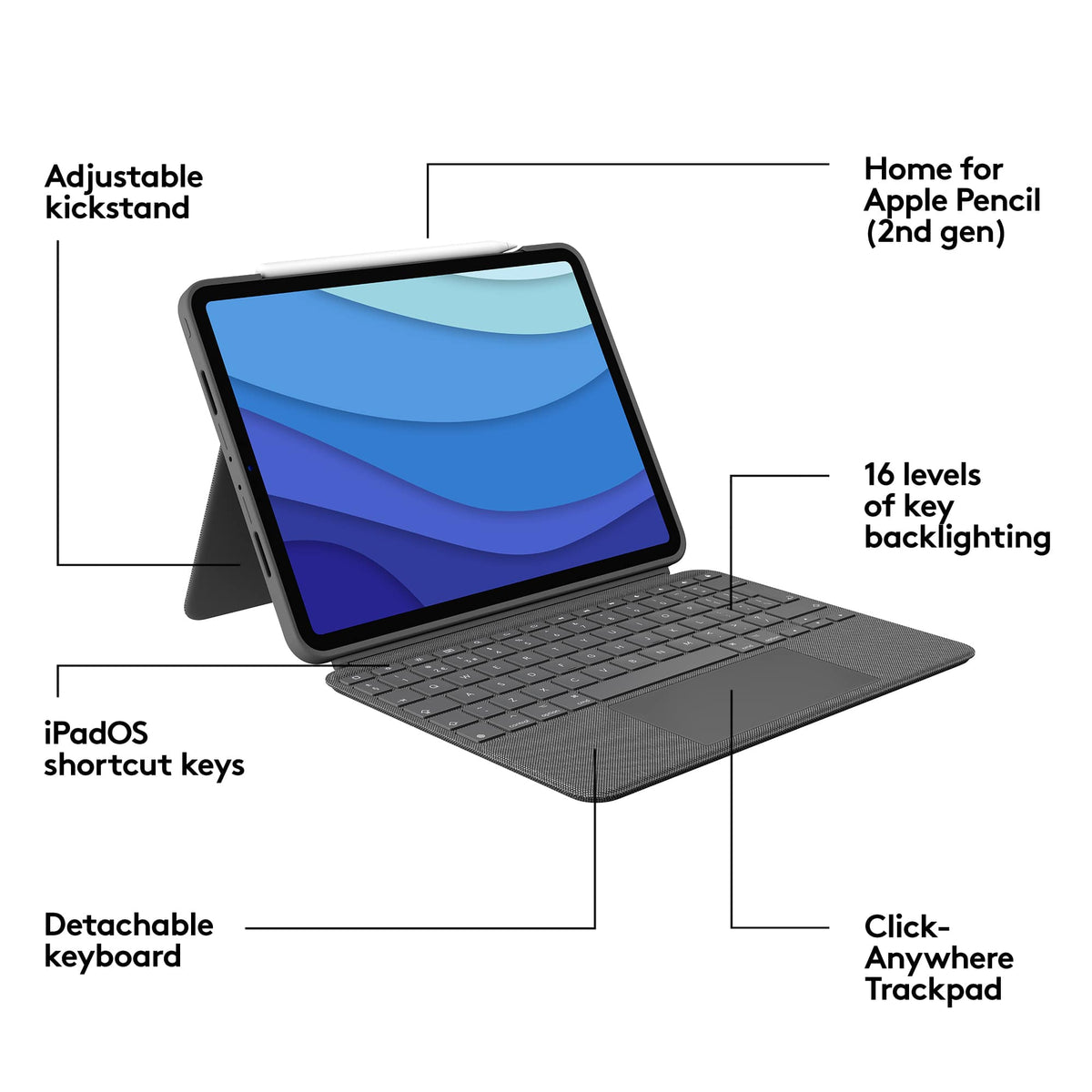 Logitech - Combo Touch iPad Pro Keyboard Folio for Apple iPad Pro 11" (1st, 2nd, 3rd & 4th Gen) with Detachable Backlit Keyboard - Oxford Gray