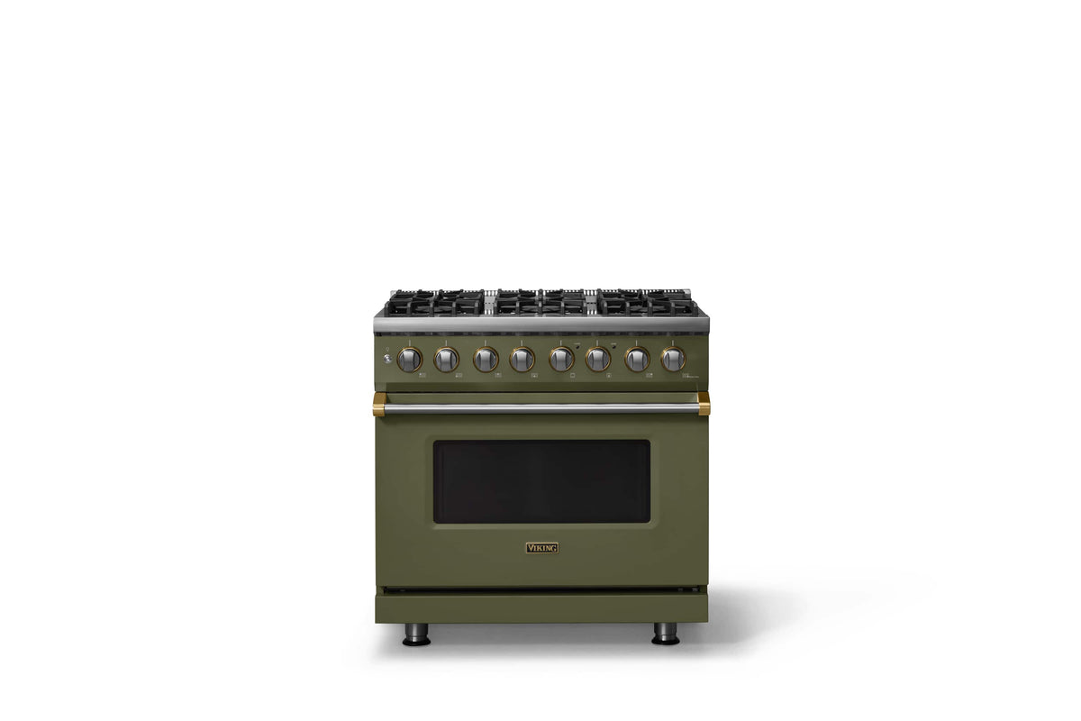 Viking - 36"W 5.6 Cu.Ft. Pro5S Freestanding Sealed 6 Burner Dual Fuel Convection LP Range - Martini w. Brushed Brass Trim - Martini
