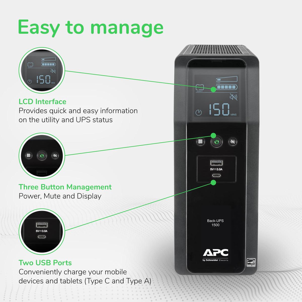 APC - Back-UPS Pro, 1500VA, Tower, 120V, 10 NEMA 5-15R outlets, LCD, 1 USB Type C + 1 USB Type A ports - Black