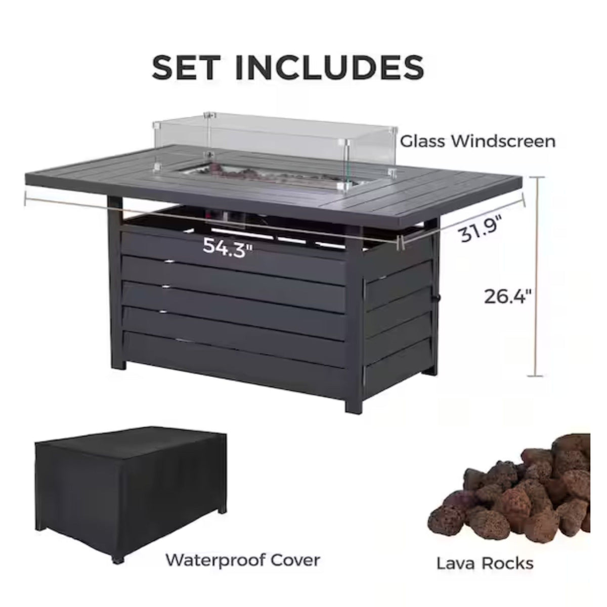 Rectangular Propane Fire Pit Table With Burner, Lava Rock, Waterproof Cover