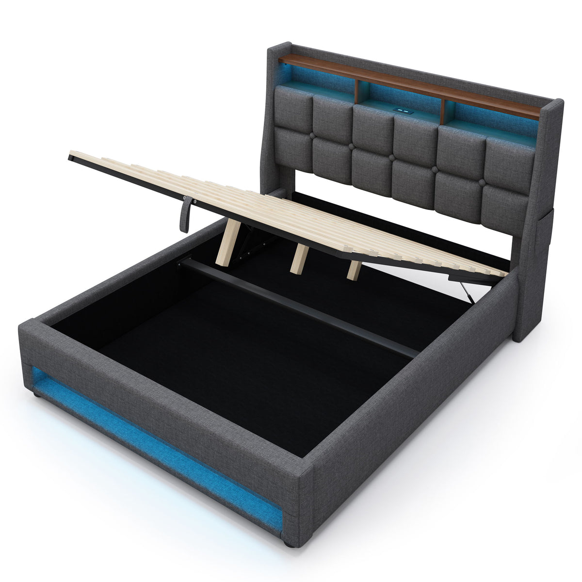 Cama con plataforma con almacenamiento hidráulico, iluminación LED y estación de carga