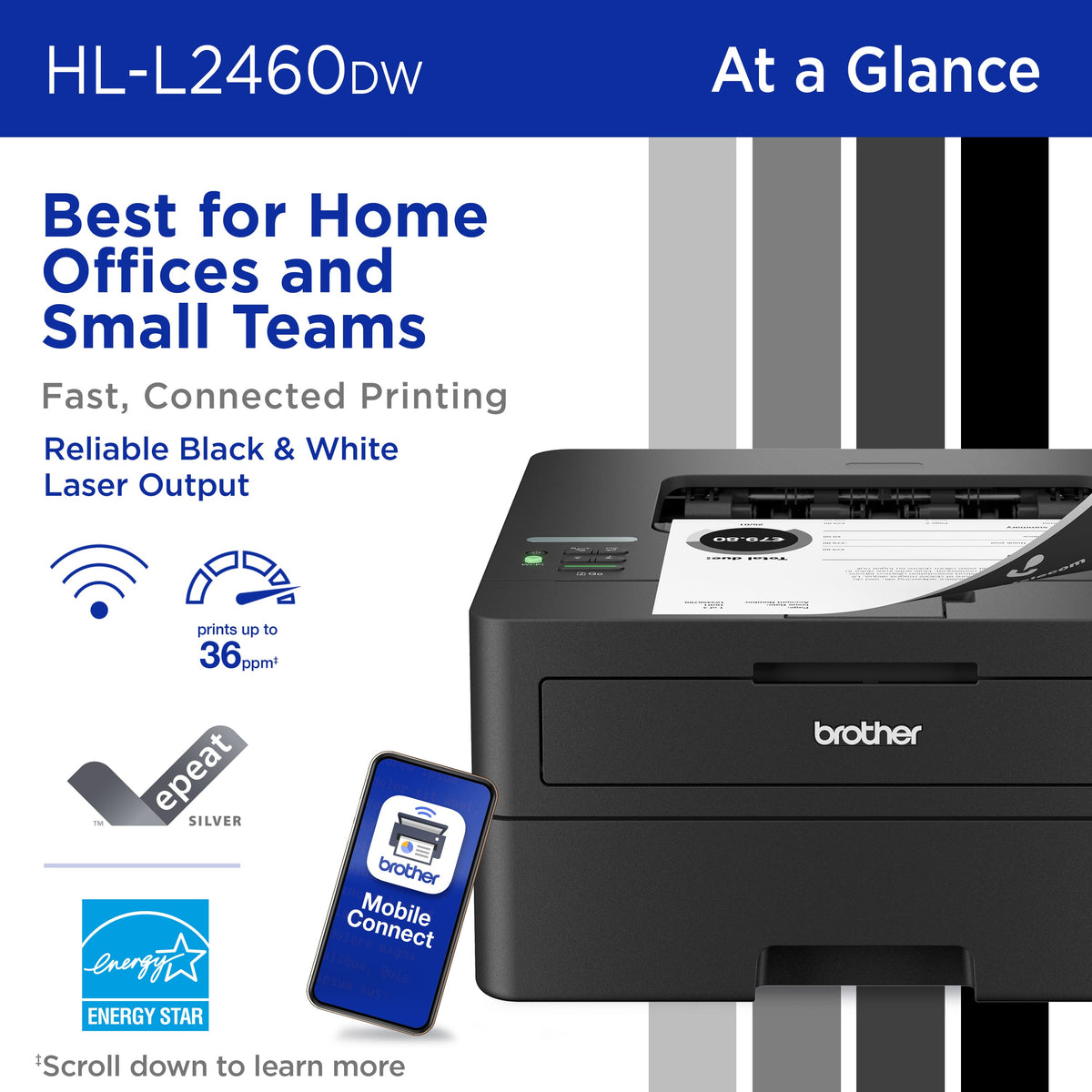 Brother - HL-L2460DW Wireless Black-and-White Refresh Subscription Eligible Laser Printer, Great for Home Offices - Gray