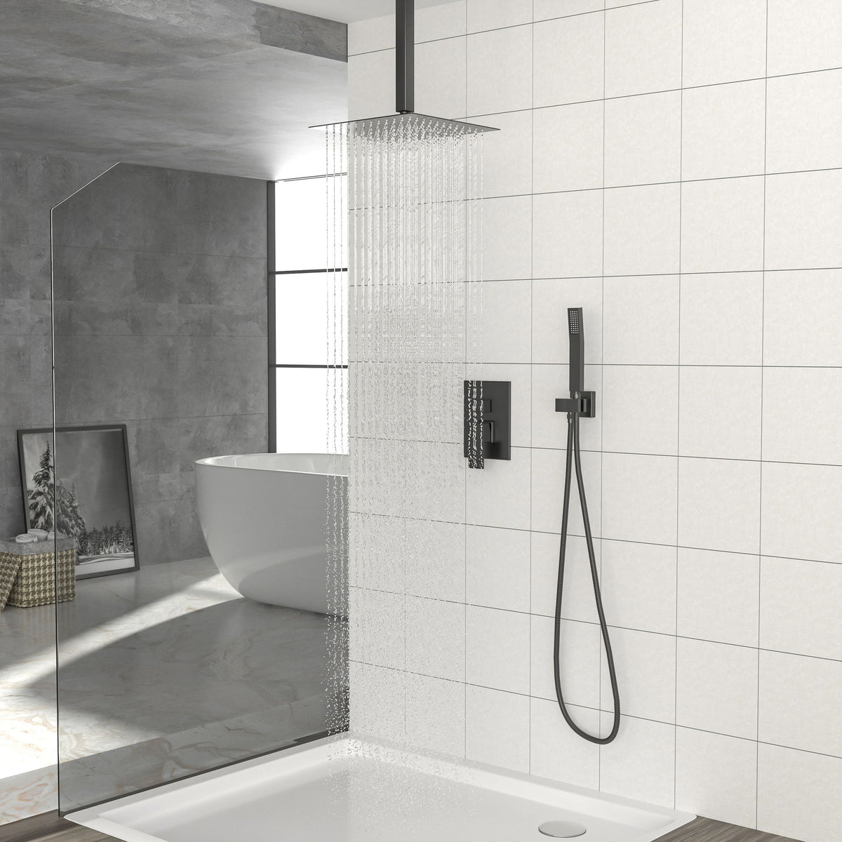 Dual Shower Head 10" Ceiling Mount Square Shower System With Rough In Valve - Matte Black